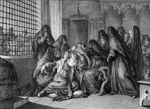 Abelard en Heloise: Heloise neemt de sluier aan in de abdij van de vrouwen van Argenteuil. Gravure door Jean Michel Moreau, genaamd Moreau le Jeune