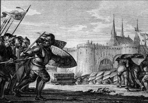 Vikingleger valt Saint Germain des Pres en zijn abdij aan. 9e eeuw (regering van Karel II de Kale). Gravure door Jean Michel Moreau, genaamd Moreau le Jeune door Jean Michel the Younger Moreau