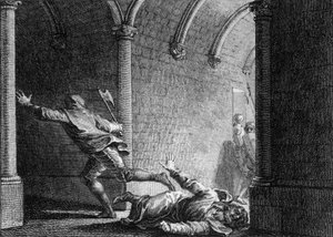 Moord op Ebroin, burgemeester van het paleis van Neustrië, 681: hij werd met een bijl gedood door Hermanfroi, heer van wie hij eigendom had gestolen. Gravure door Jean Michel Moreau, genaamd Moreau le Jeune (1741-1814). door Jean Michel the Younger Moreau