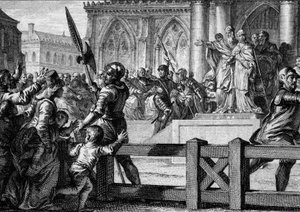 Karel de Grote (747-814) presenteert aan het volk zijn opvolger, zijn zoon Lodewijk van Aquitanië (Lodewijk I de Vrome, 778-840). Aken, 813. Gravure door Jean Michel Moreau, genaamd Moreau le Jeune (1741-1814) door Jean Michel the Younger Moreau
