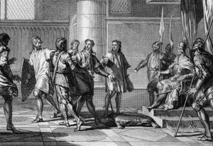 Karel (953-991), broer van koning Lotharius, brengt hulde aan Otto (Othon) II (955-983), keizer van het Heilige Roomse Rijk. Deze creëerde het hertogdom Neder-Lotharingen en benoemde Karel tot hertog van Neder-Lotharingen, 977. Gravure... door Jean Michel the Younger Moreau