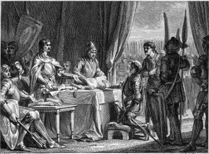 Karel Martel (688-741), koning van de Franken, verdeelt de goederen van de kerk onder zijn soldaten, 718. Gravure door Jean Michel Moreau, genaamd Moreau le Jeune (1741-1814) door Jean Michel the Younger Moreau