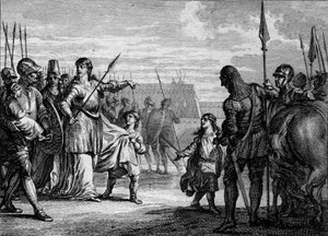 Karel Martel naar de gevangenis gestuurd, 714: Plectrude (ca. 650-717), weduwe van Pepijn van Herstal, stuurde de jonge Karel Martel (688-741) naar de gevangenis om hem van de macht te verwijderen. Gravure door Jean Michel Moreau, genaamd Moreau le Jeune (