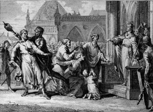 Dagobert I (602/605-638), koning van de Franken, probeert de koninklijke autoriteit in Bourgondië te doen gelden door de klachten van de inwoners tegen hun heren te horen. Gravure door Jean Michel Moreau, genaamd Moreau le Jeune (1741-1814).