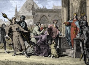 Dagobert I (602/605-638), koning der Franken, probeert het koninklijk gezag in Bourgondië te handhaven door de klachten van de inwoners tegen hun heren aan te horen. Gravure door Jean Michel Moreau, genaamd Moreau le Jeune (1741-1814)