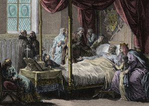 Dood van Dagobert I (602/605-638), koning der Franken, in aanwezigheid van zijn vrouw, koningin Nantilde (ca. 610-642) en zijn zoon, de toekomstige Clovis II (ca. 635-657). Gravure door Jean Michel Moreau, genaamd Moreau le Jeune (1741-1814)