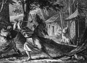 Kluizenaars die in een gemeenschap leven in een Frans bos, eind 11e-begin 12e eeuw. Gravure door Jean Michel Moreau, genaamd Moreau le Jeune (1741-1814).