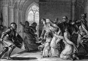 Lodewijk I de Vrome (de Debonnaire) verjaagt zijn zusters en neven uit het paleis, 814. Ze worden beschuldigd van samenzwering tegen hem. Gravure door Jean Michel Moreau, genaamd Moreau le Jeune (1741-1814)