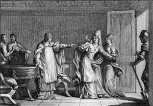 Lodewijk V de Luie (966-987), koning van de Franken, verdrijft zijn moeder, koningin Emma van Italië (945-988), beschuldigd van het vergiftigen van haar echtgenoot, koning Lotharius (941-986), 987. Gravure door Jean Michel Moreau, genaamd Moreau le Jeune (