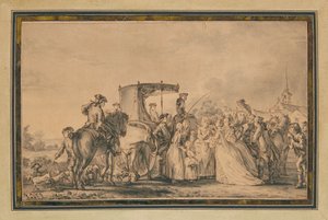 Marie Antoinette, die haar koets verlaat en omringd wordt door haar gevolg, troost een boer door Jean Michel the Younger Moreau