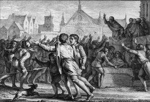 Paus Urbanus II (1042-1099) spreekt de menigte toe op het Concilie van Clermont om de bevolking aan te moedigen deel te nemen aan de Eerste Kruistocht en het rode kruis van stof te ontvangen, symbool van de gravures.