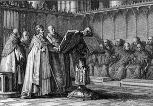 Robert II de Vrome, koning van de Franken, zingt tijdens een religieuze dienst voor een lessenaar. Hij draagt zijn kroon en houdt zijn scepter vast. Gravure door Jean Michel Moreau, genaamd Moreau le Jeune