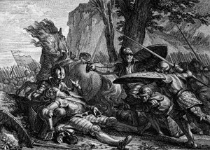 Roland stierf tijdens de slag bij Roncesvaux tussen het leger van Karel de Grote en dat van de Saracenen. 778. Gravure door Jean Michel Moreau, genaamd Moreau le Jeune (1741-1814)