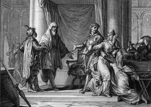 De prinses van Aquitanië, Lampagie, werd door haar vader (Eudes) gedwongen te trouwen met de Moorse kapitein Munuza (Uthman ibn Naissa) om vrede te sluiten met de Saracenen, 730. Gravure door Jean Michel Moreau, genaamd Moreau le Jeune