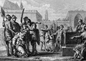 Thierry III (651-691), koning van de Franken, en Ebroin (overleden 681), burgemeester van het paleis van Neustrië, werden gemaaid door de bevolking, vijandig tegenover de twee mannen. 669. Gravure door Jean Michel Moreau, genaamd Moreau le Jeune (1741-1814