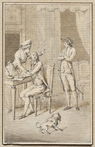 Drie figuren met een hond door Jean Michel the Younger Moreau