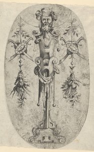 Mannelijke terminale figuur, hoofd met baard en tulband op een driekwart bandwerk door Jean Mignon