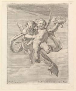 Groep van twee engeltjes, een kijkt naar voren en de ander naar links