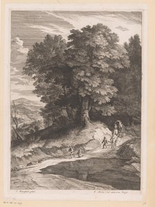 Landschap met reizigers met een kar op een pad door Jean Morin