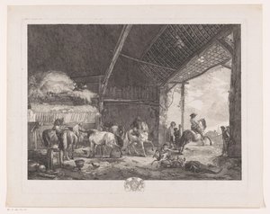 Figuren en paarden in de stal van het postkantoor door Jean Moyreau