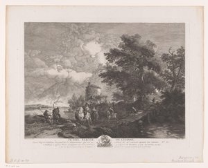 Jachtgezelschap in een landschap met brug door Jean Moyreau