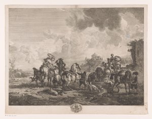 Rustend jachtgezelschap bij een fontein