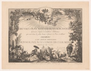 Titelprent met figuren en dieren in een landschap, met het portret van Philips Wouwerman