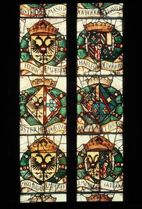 Heraldieke wapenschilden van de koninklijke families van Oostenrijk, Duitsland, Frankrijk en Portugal geassocieerd met de schenker, Margaretha van Oostenrijk door Jean Orquois Antoine Noisin