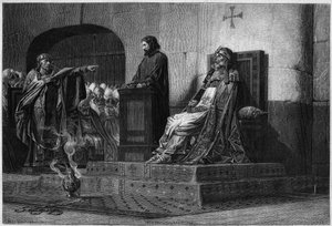 Paus Formosus en Stefanus VII. Het Kadaverconcilie, 897: het lijk van paus Formosus (paus 891 tot 896), gekleed in zijn pontificale gewaden, vergeleken voor een synodale vergadering voorgezeten door paus Stefanus VI of VII (paus 896 tot 897), aan de oorspr