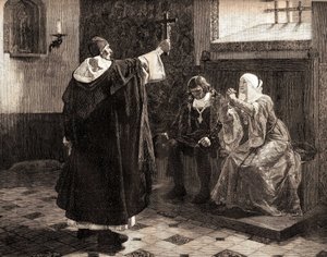 De grote Spaanse inquisiteur, Fray Tomas de Torquemada (1420-1498), tussen de katholieke koningen Ferdinand II van Aragon en Isabella van Castilië