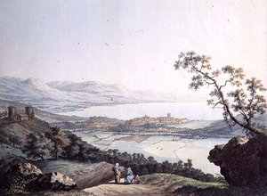 Uitzicht op Genève vanuit Saconex in Savoye, gegraveerd door Jean Philippe Linck II (1770-1812) en Jacob Philippe Hackert (1737-1807) door Jean Philippe II (after) Linck