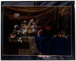 Een stilleven van een mand met bloemen en een hoop fruit op een gebeeldhouwde stenen tafel door Jean Picart