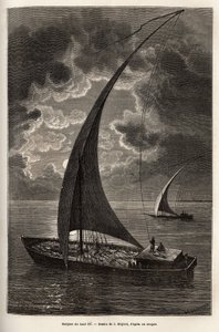 De boten van de boven-Nijl, verminderde bemanning en passagiers slapend op het dek, bij maanlicht, gravure naar de tekening van J.Moynet, ter illustratie van de reis naar het hart van Afrika in 1868-1871, door Dr. Georges Schweinfurth, gepubliceerd in 