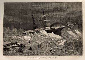 Het Duitse schip La Hansa gevangen in het ijs, de bemanning haast zich om de nodige voorwerpen en voorraden uit te pakken, voordat ze het schip verlaten en de expeditie op het ijs voortzetten, gegraveerd naar de tekening van J. Moynet, ter illustratie van  door Jean Pierre Moynet