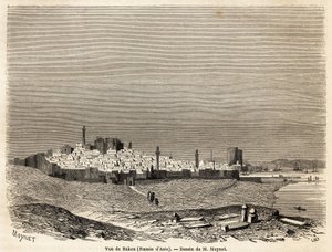 Zicht op Bakoe (Rusland, Azerbeidzjan), tekening door Mr. Moynet, ter illustratie van de reis naar de kust van de Kaspische Zee, in oktober 1858, door Mr. Moynet. Gravure in 