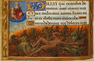 Getijdenboek, Detail: Dives gekweld door demonen en bekeken door de ziel van Lazarus, ca. 1500 door Jean Poyet