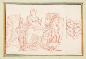 Zittende vrouwelijke figuur met boeken en putti