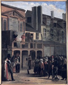 La Parade de Bobèche et Galimafre, voorstelling van een menigte die naar een straattheater kijkt. 19e eeuw. door Jean Roller