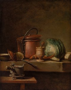 Stilleven met Koperen Pot, Kool, Stamper en Fornuis
