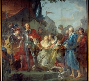 Het beleg van Calais in 1347 was de toewijding van Eustache van Saint Peter, de bekendste van de zes burgers van Calais, die naar de koning van Engeland Edward III ging om genade te vragen voor de inwoners van Calais (augustus 1347). Schilderij door Jean S door Jean Simon Berthelemy