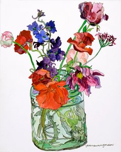 Delphiniums, klaprozen  anderen in pot, 2011 (aquarel  inkt op papier) door Jean Swan Gordon