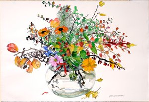 Volheid van herfst in glazen kom (aquarel en inkt op papier) door Jean Swan Gordon