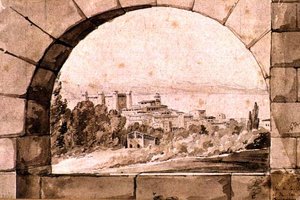 Uitzicht op de stad en het meer van Bracciano, ca. 1810 door Jean Thomas Thibault