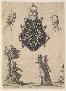 Hanger in de vorm van een kever met een koppel en een jonge man die een instrument bespeelt, 1619
