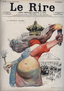 De nieuwe kamer - Marianne met haar gezicht bedekt met een Frygische muts - Marianne gekleed in een jurk in twee delen: een rode kant en de andere kant versierd met lelies - (De cartoon verwijst naar de politieke verdeeldheid tussen republikeinen en monarc