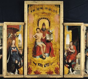 Polyptiek van de Verheerlijking van de Heilige Drie-eenheid, centraal paneel met de Drie-eenheid, de Maagd en St. Johannes de Doper, c.1509-16 door Jean the Elder Bellegambe