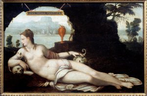 Eva Prima Pandora, voorstelling van een vrouw die de kenmerken van Eva en Pandora combineert, die al het kwaad naar de aarde brengen. Schilderij (Vanitas) door Jean Cousin de Oudere (1490-1560) 16e eeuw.