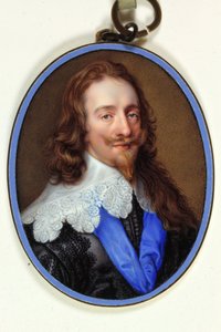 Koning Charles I in paarse zwarte kleding met kanten kraag en blauwe lint van de Kousenband