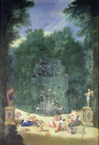 De Bossen van Versailles: Uitzicht op de Ingang van het Doolhof met Vogels, Nimfen en Cherubs, 1688 door Jean the Younger Cotelle