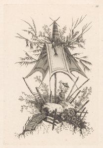 Man met parasol onder tent